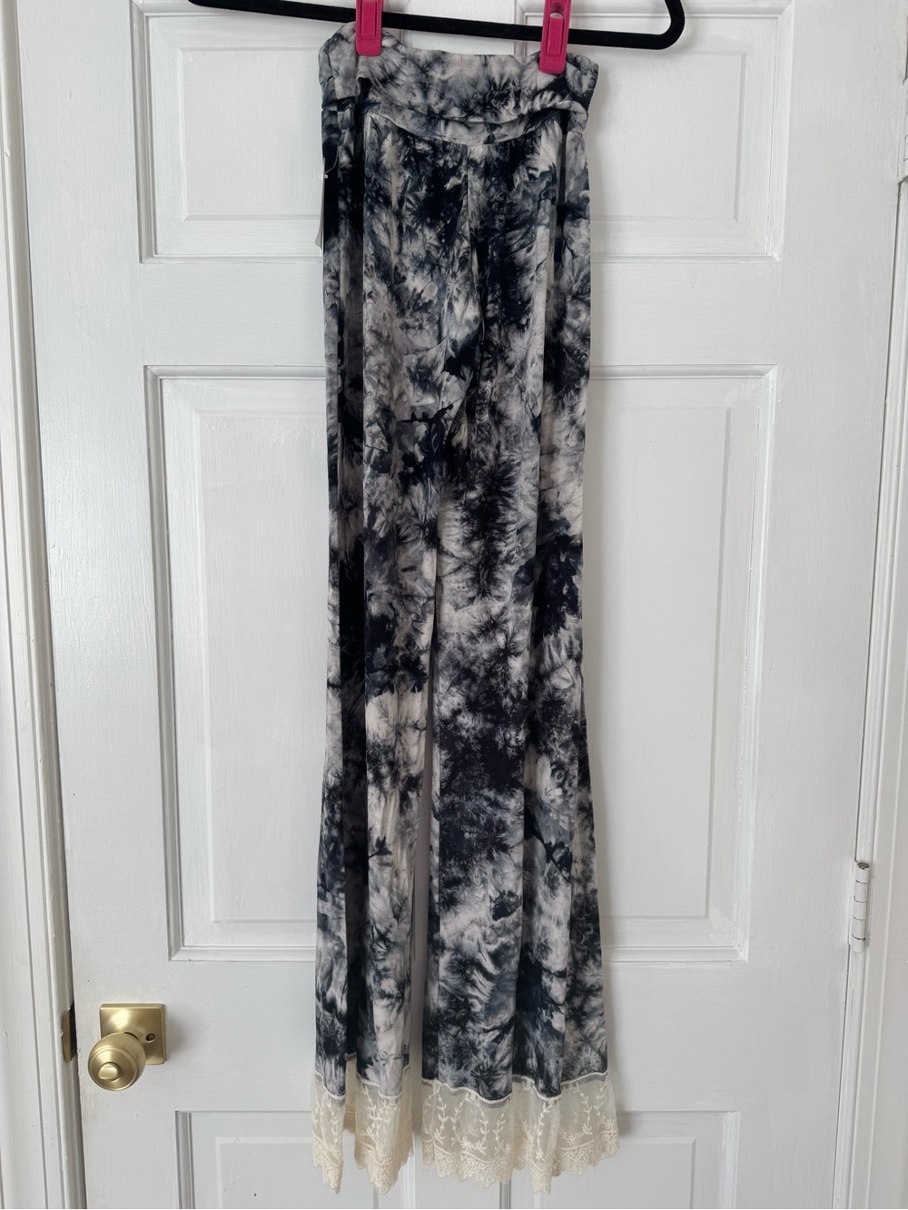 Wide Leg Tie-Dye Pants with Lace Trim - Black & White